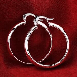 925 Sterling Silver Hoop Dangle Earrings 1.5 in. x 3 mm. Womens 90s Y2K Fashion